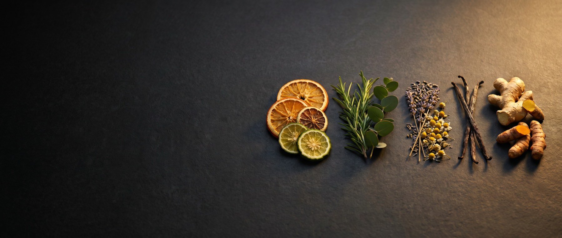 Dried citrus slices, herbs, lavender, and vanilla pods arranged by family on a dark surface.