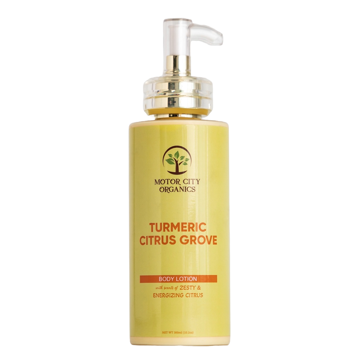 Turmeric Citrus Grove Body Lotion bottle, golden cream behind transparent glass